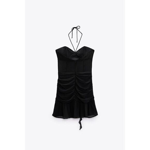 NWT Zara Black Ruffled Draped Halter Tie Mini Dress, Size Small - Picture 9 of 15